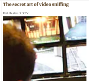 screenshot of newspaper article with blurry image of a cctv display of a shopping centre. https://www.theguardian.com/culture/2008/apr/25/3